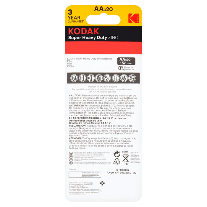 Kodak Super Heavy Duty Zinc AA (20) Batteries